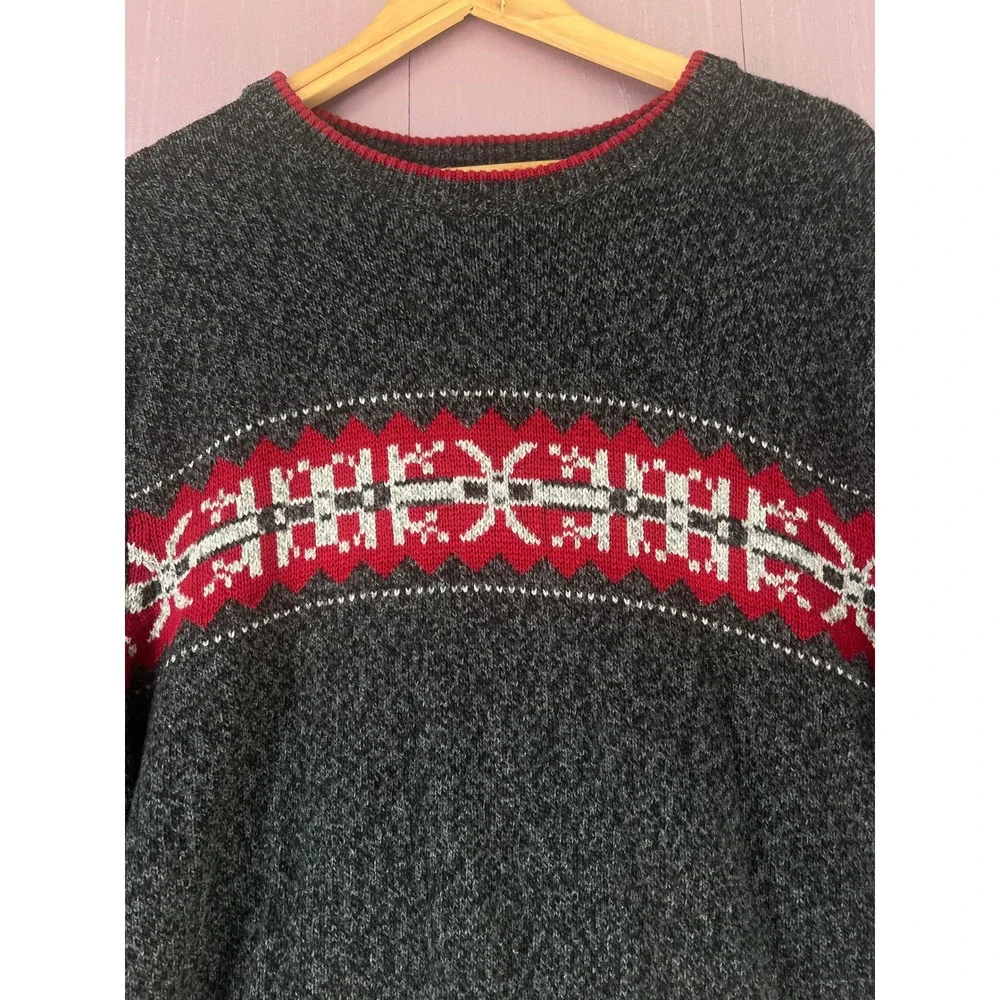 Eddie Bauer Mens XL Charcoal Grey Fair Isle Nordic Cotton Blend Crewneck Sweater
